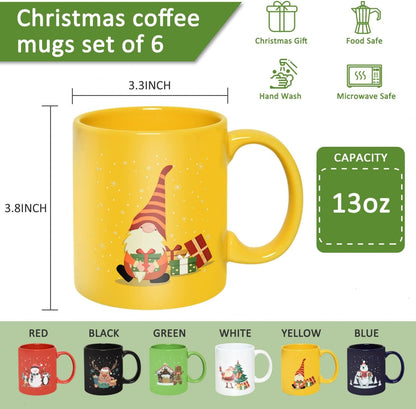 Set of 6 Multicolor Christmas Ceramic Coffee Mugs