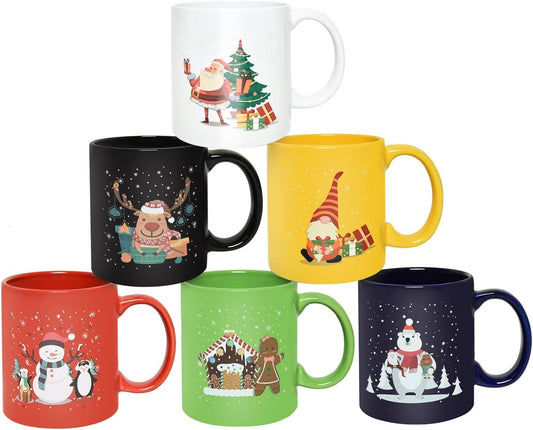 Set of 6 Multicolor Christmas Ceramic Coffee Mugs