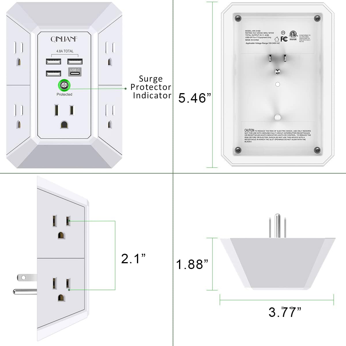 5 Outlet Extender with 4 USB Charging Ports