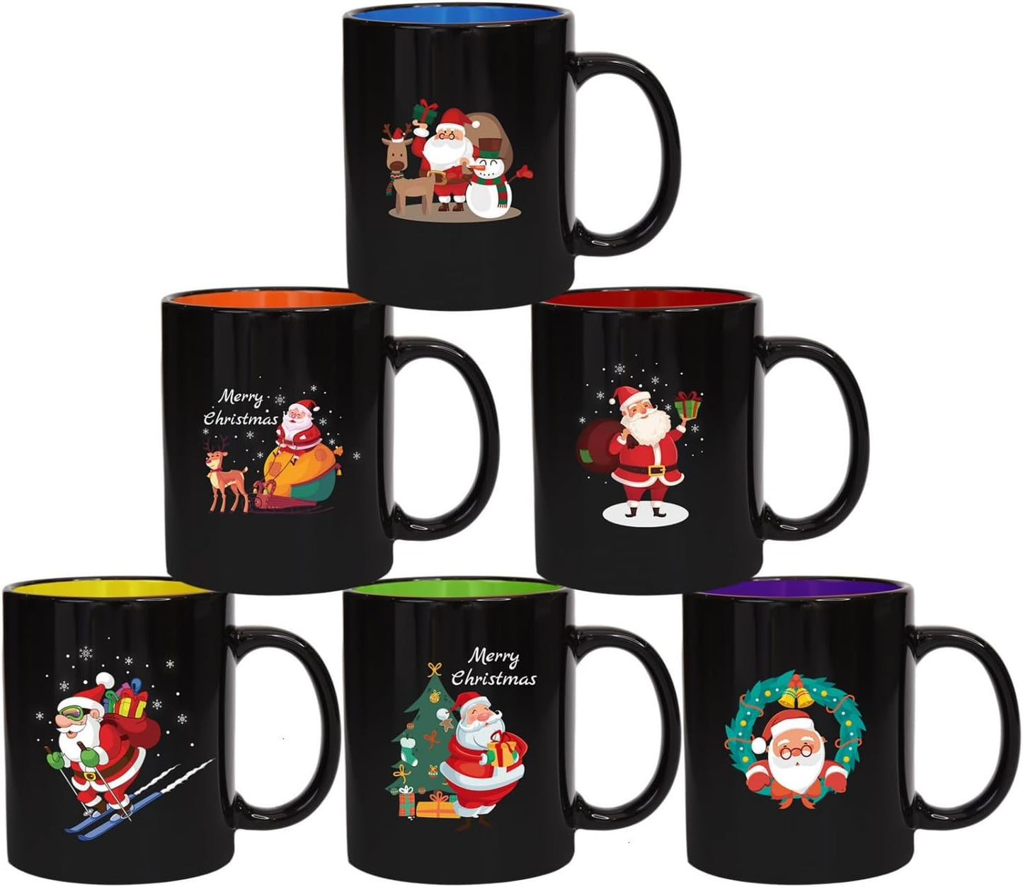 Set of 6 Multicolor Christmas Ceramic Coffee Mugs