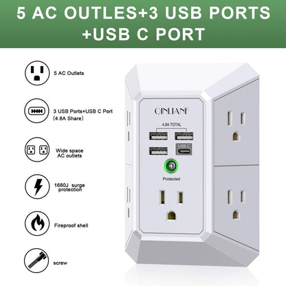 5 Outlet Extender with 4 USB Charging Ports