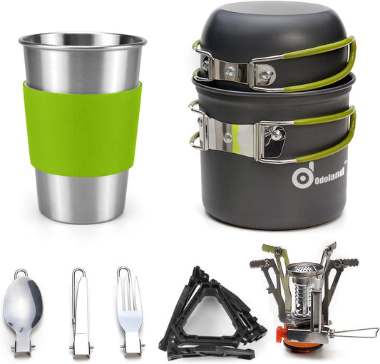 Camping Cookware Stove Carabiner Canister Stand Tripod and Stainless Steel Cup