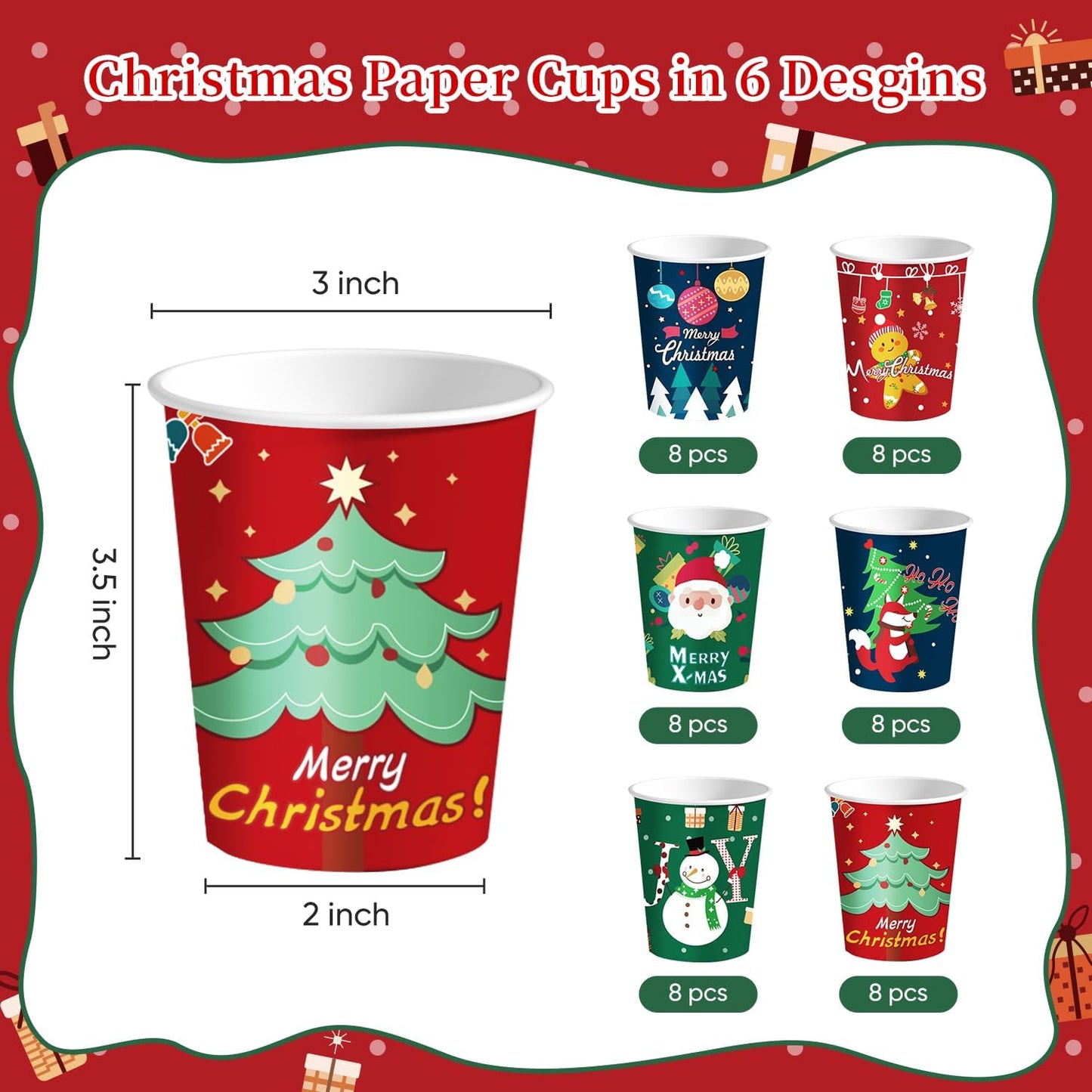 48 Pcs 9oz Christmas Disposable Paper Cups with 6 Designs