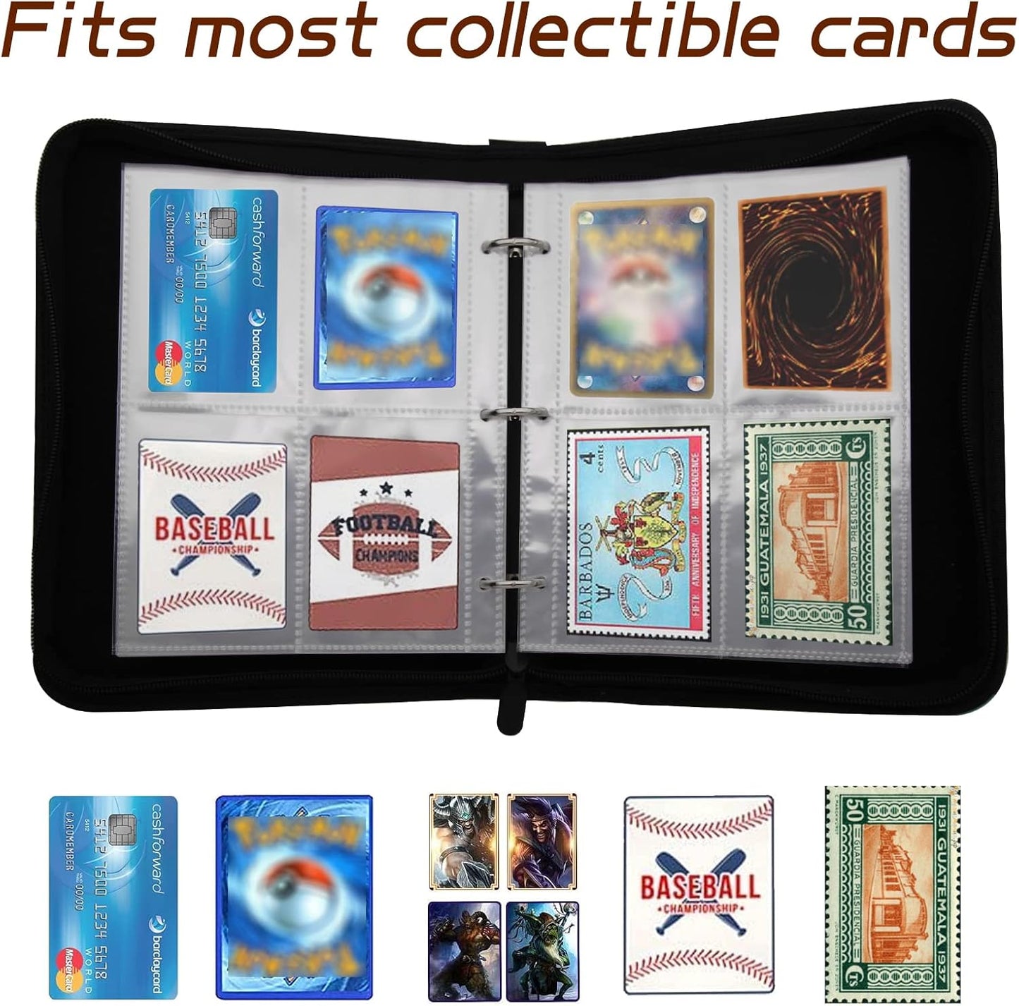 4-Pockets Waterproof Trading Card Binder Organizer with Sleeves Fits 400 Cards with 50 Removable Sleeves Collector Album Holder