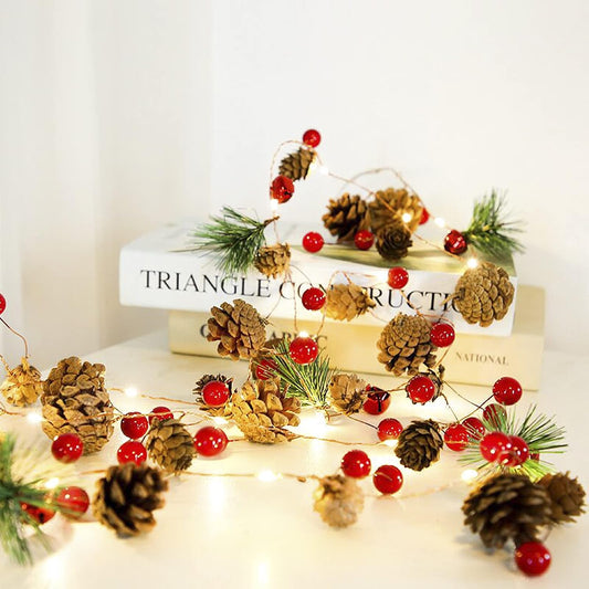 20 LED Christmas 6ft Fairy String Lights with Red Berry Pine Cone