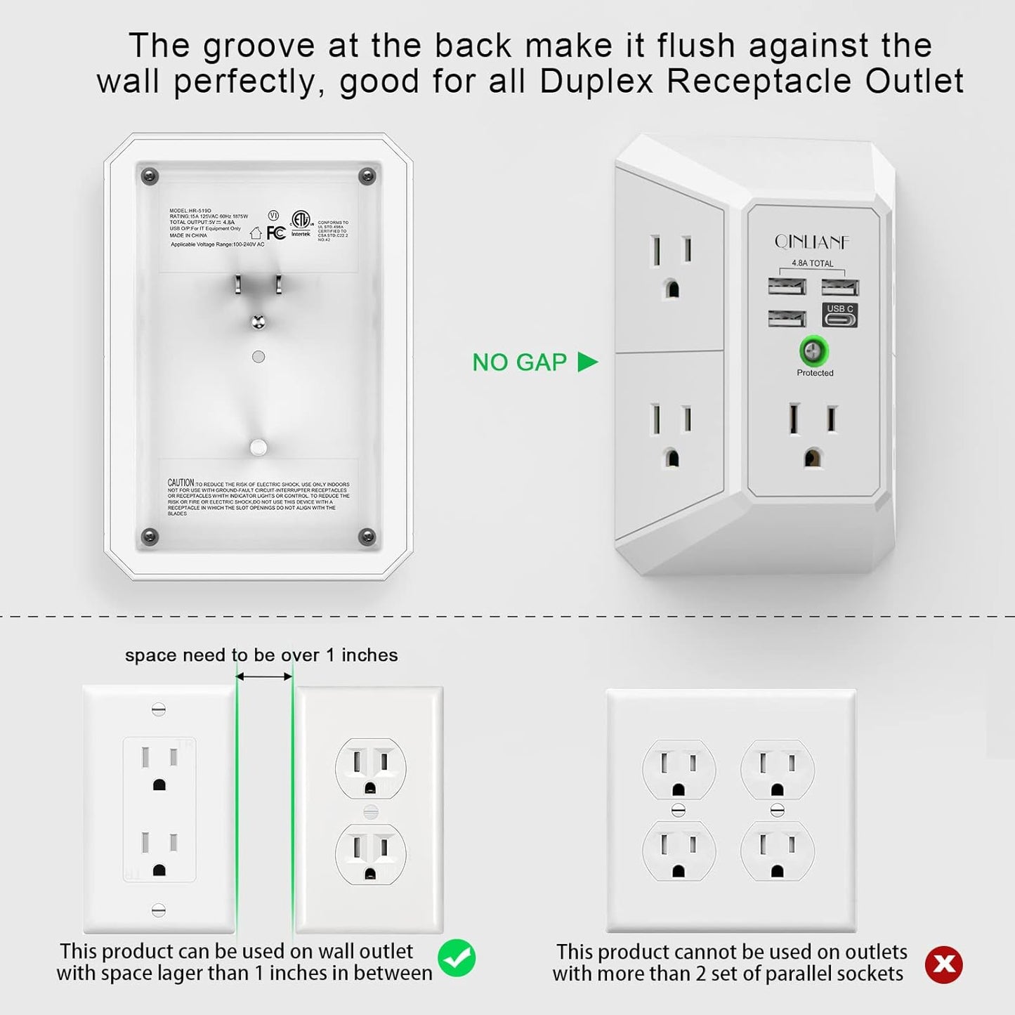 5 Outlet Extender with 4 USB Charging Ports