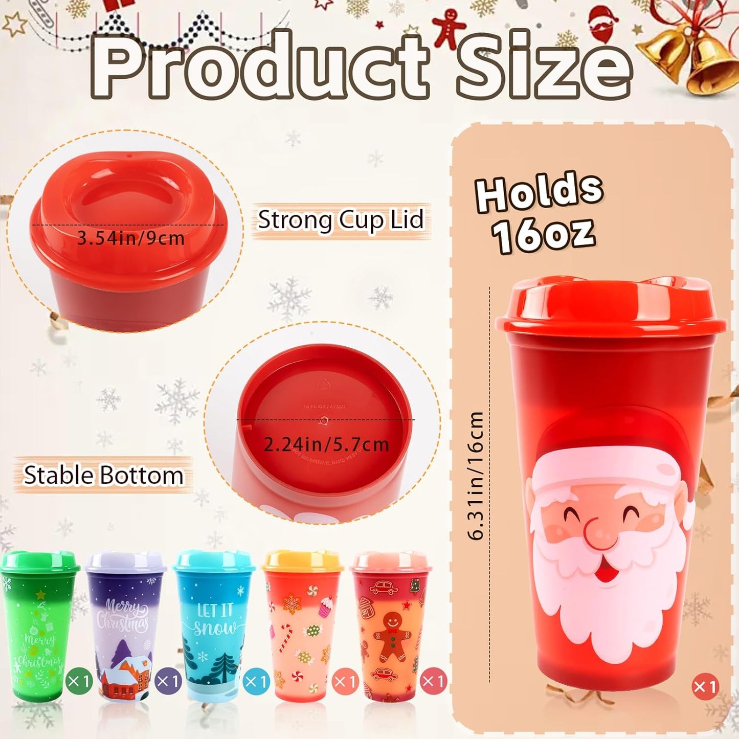 6pcs Christmas Color Changing Hot Cups with Lids