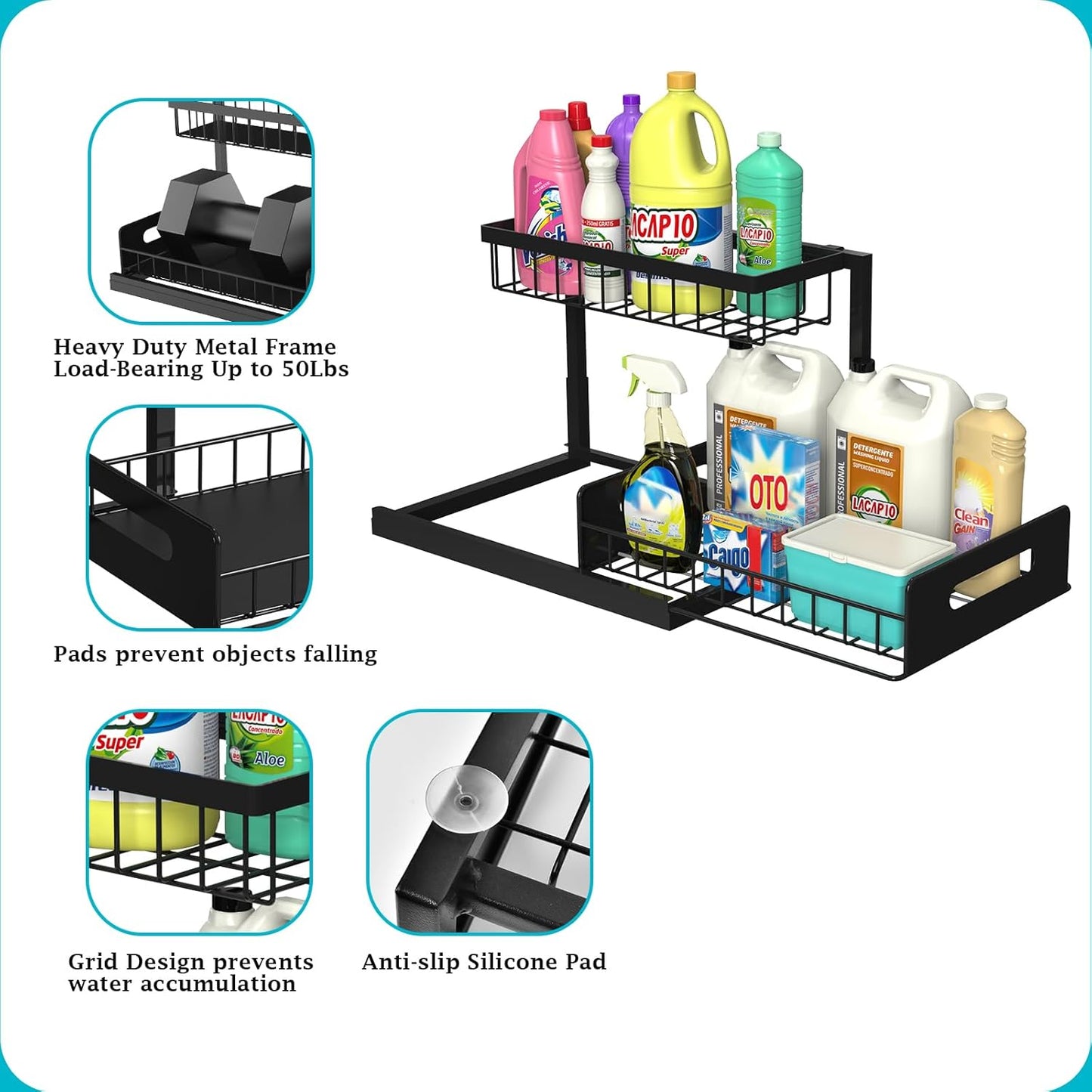 2 Tier Slide Out Sink Shelf Cabinet Storage Organizer