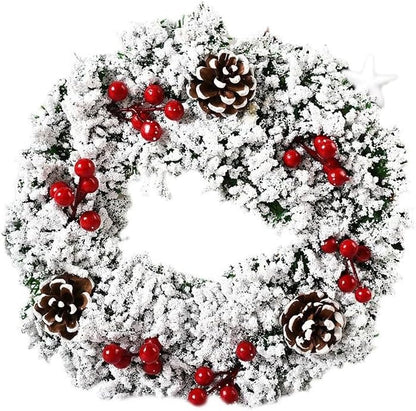 16" Christmas Wreaths for Front Door with Artificial Red Berries Bow Pine Cones