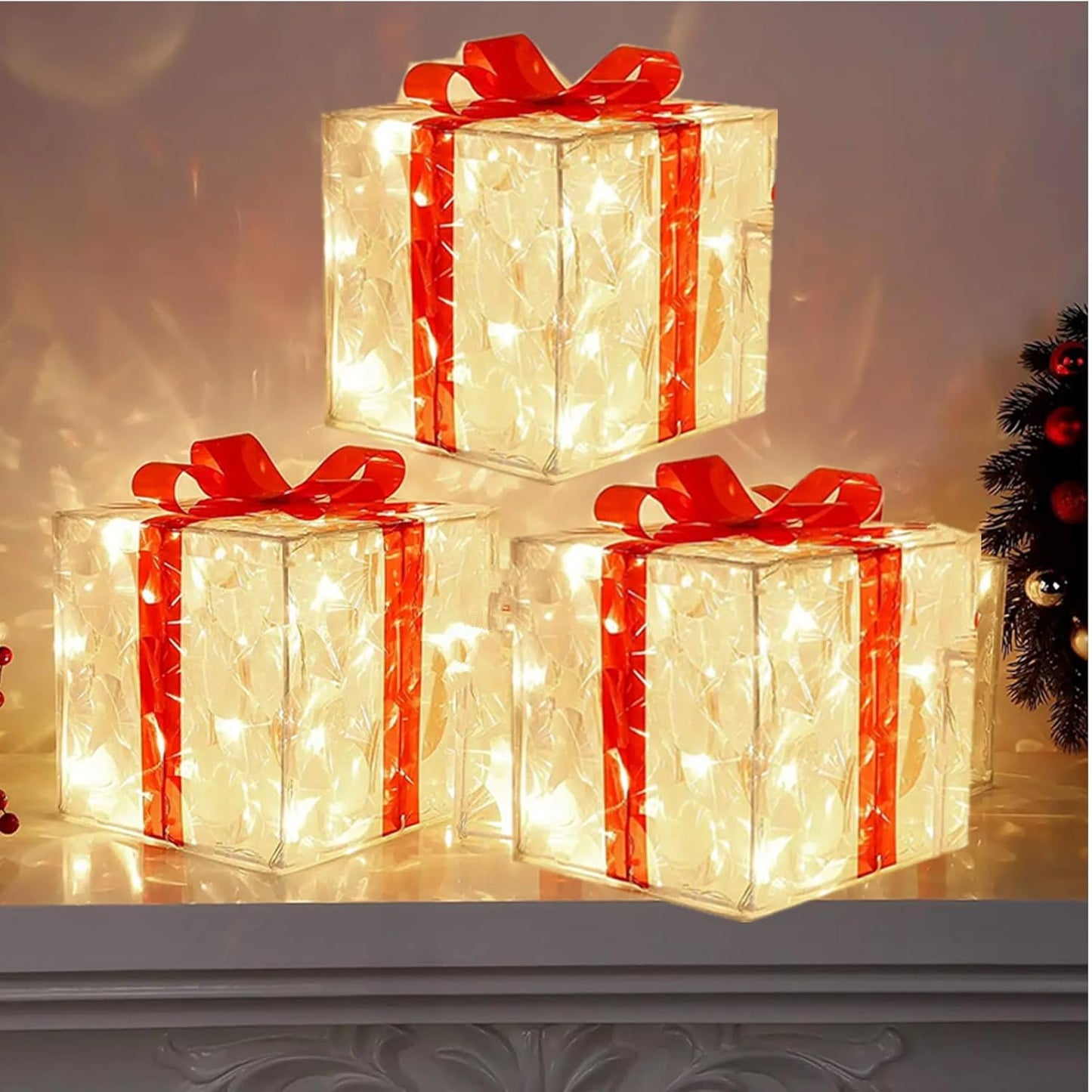 3Pcs Christmas Decoration Ornament Lighted Gift Boxes 5.9 inch