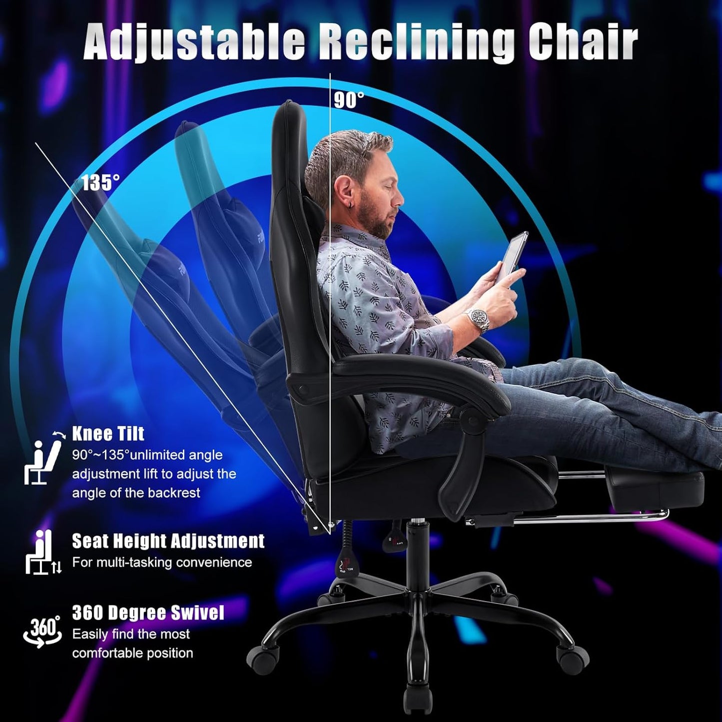 Adjustable Swivel Reclining Ergonomic Computer Gaming Chair with Footrest