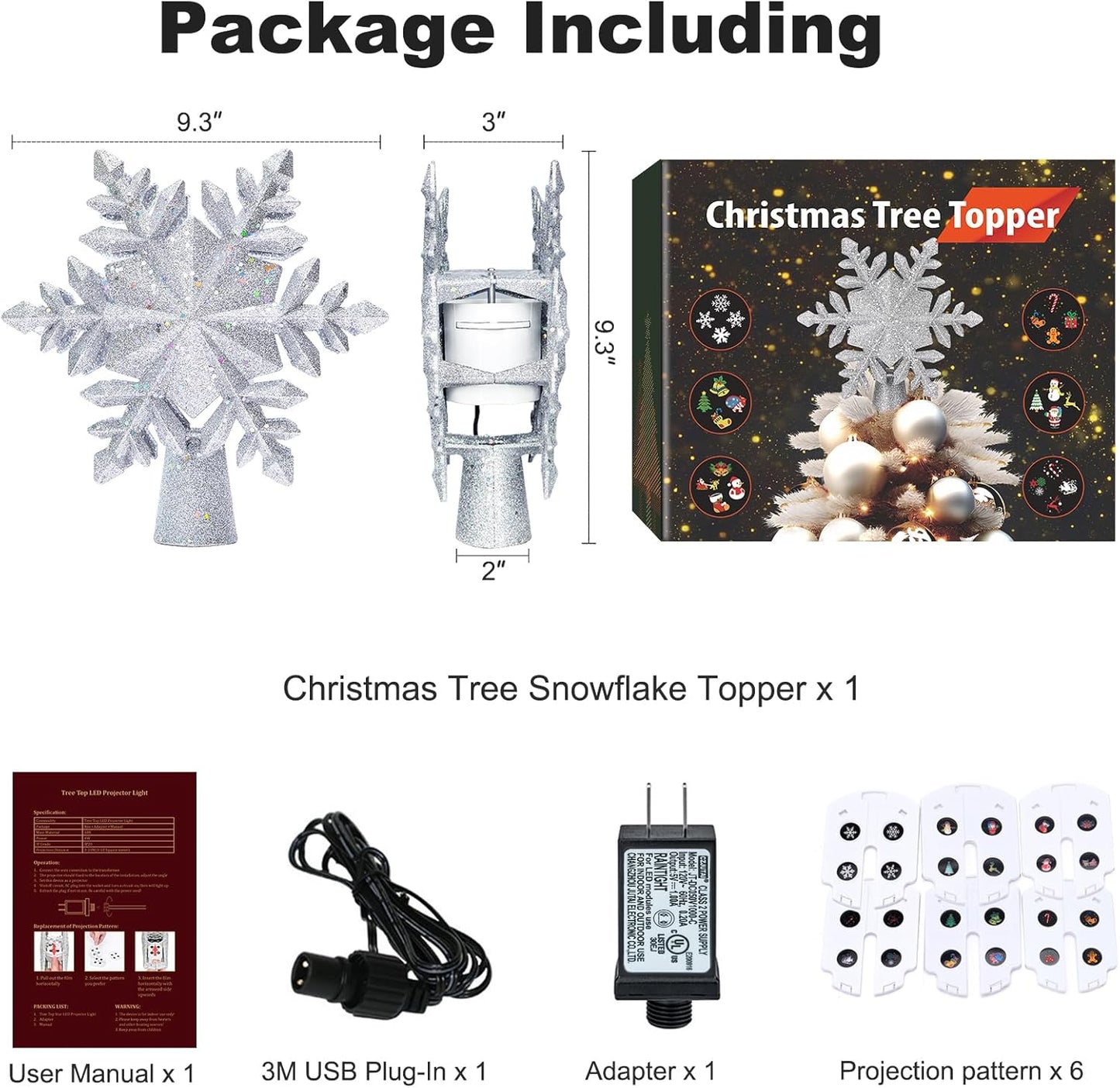 Christmas Snowflake Tree Topper with Built-in LED Rotating Lights