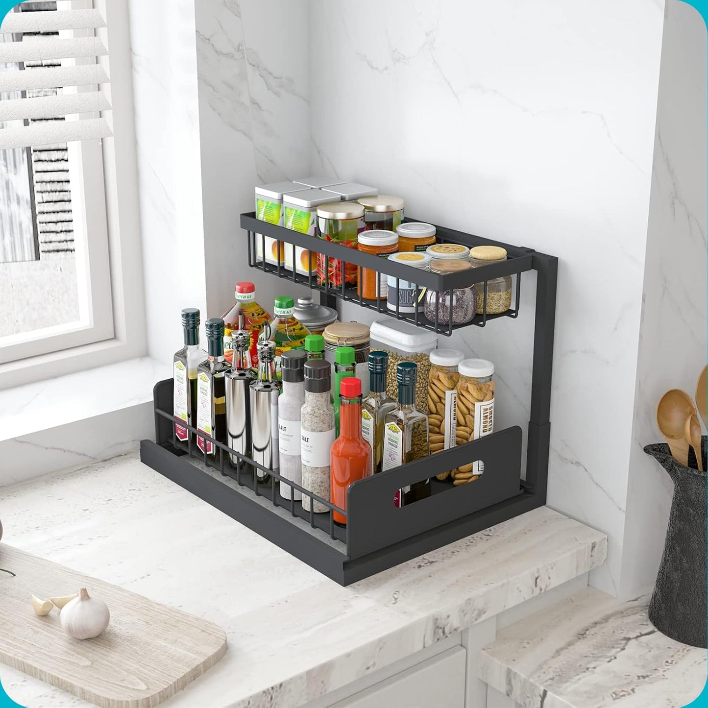 2 Tier Slide Out Sink Shelf Cabinet Storage Organizer