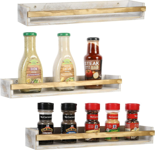 Set of 3 Whitewashed Wood Wall Mounted Spice Rack Floating Display Shelf