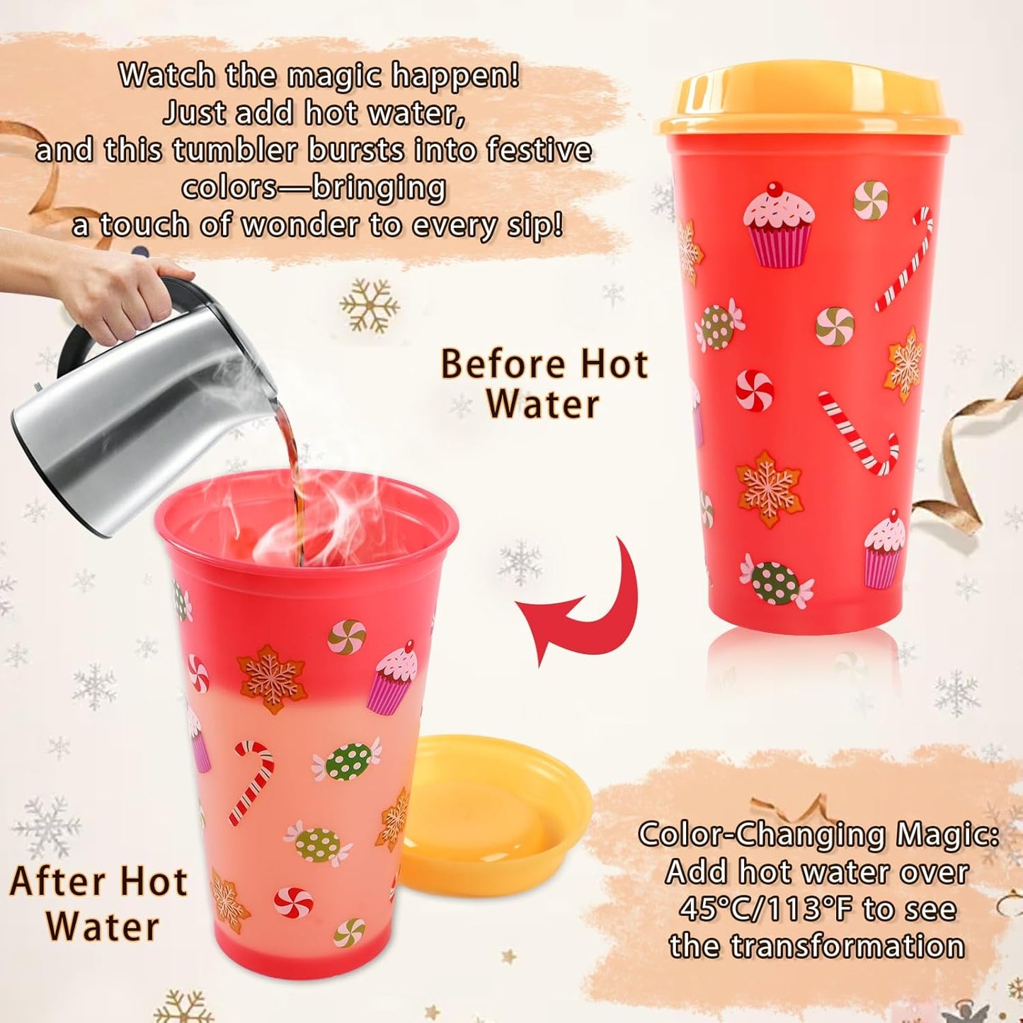 6pcs Christmas Color Changing Hot Cups with Lids