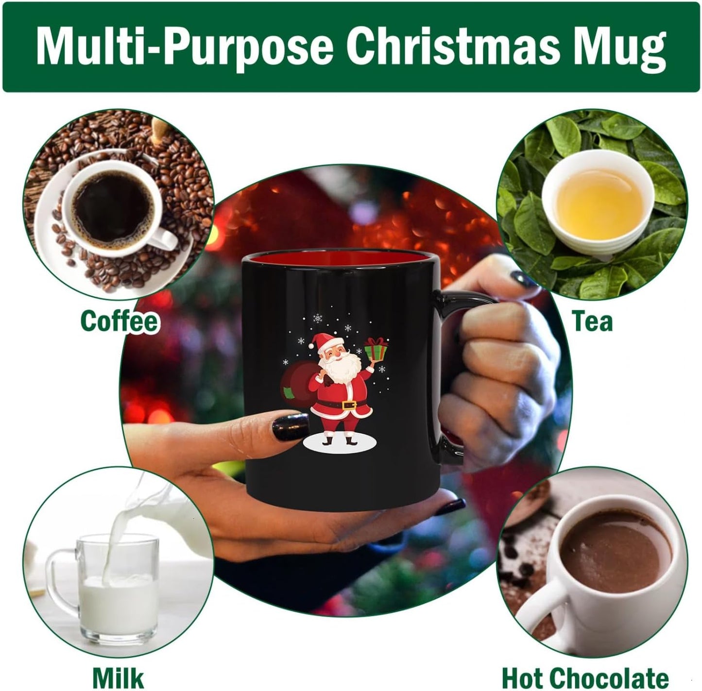 Set of 6 Multicolor Christmas Ceramic Coffee Mugs