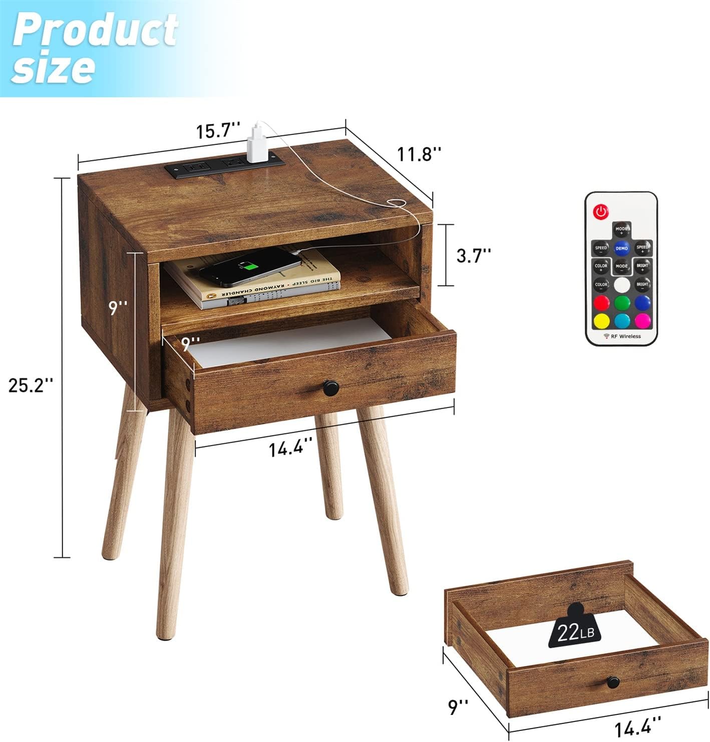 2-Tier Storage Bedside Table Nightstands with Charging Station with 20 Colors Remote LED Lights