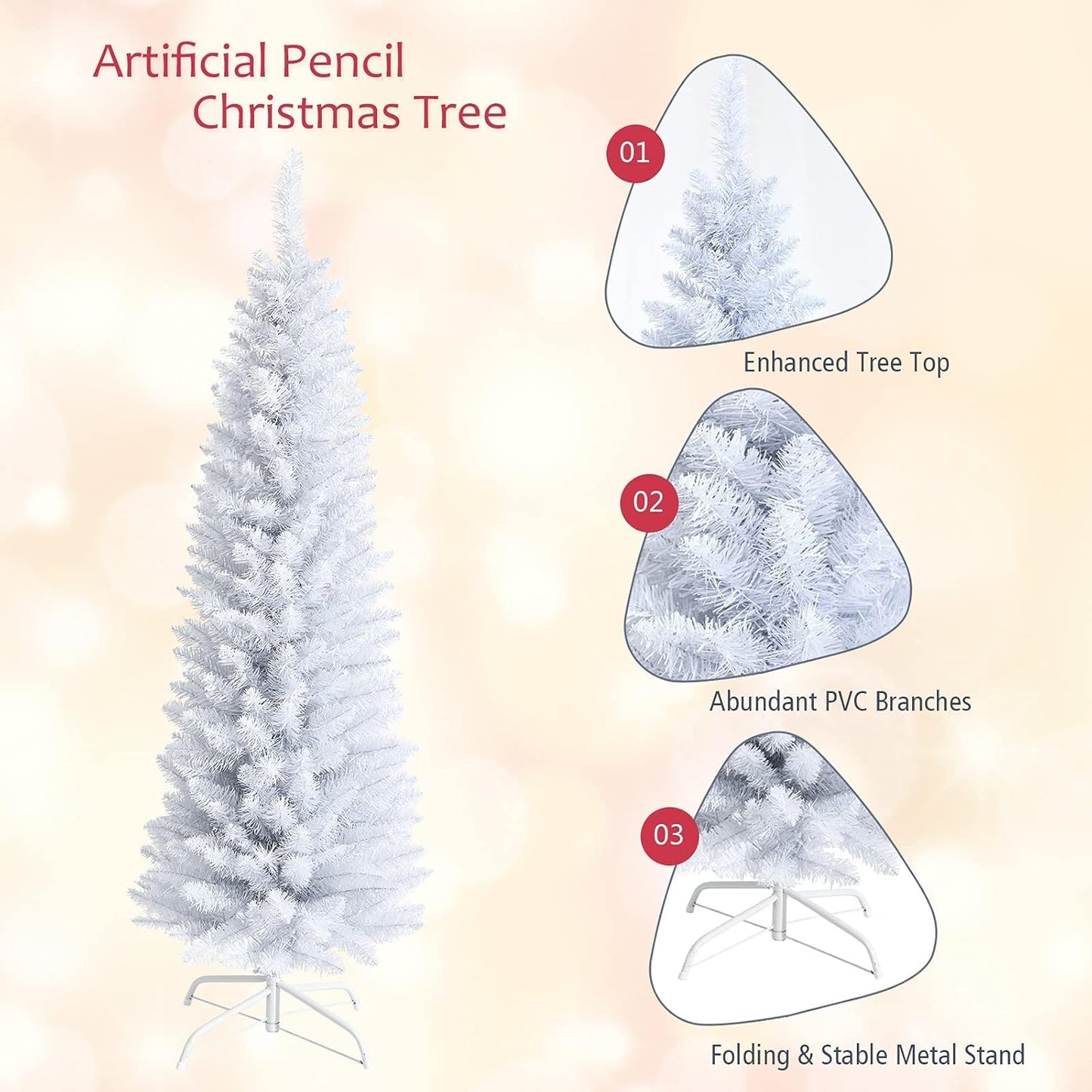 5FT White Slim Pencil Design Easy to Assemble Artificial Christmas Tree