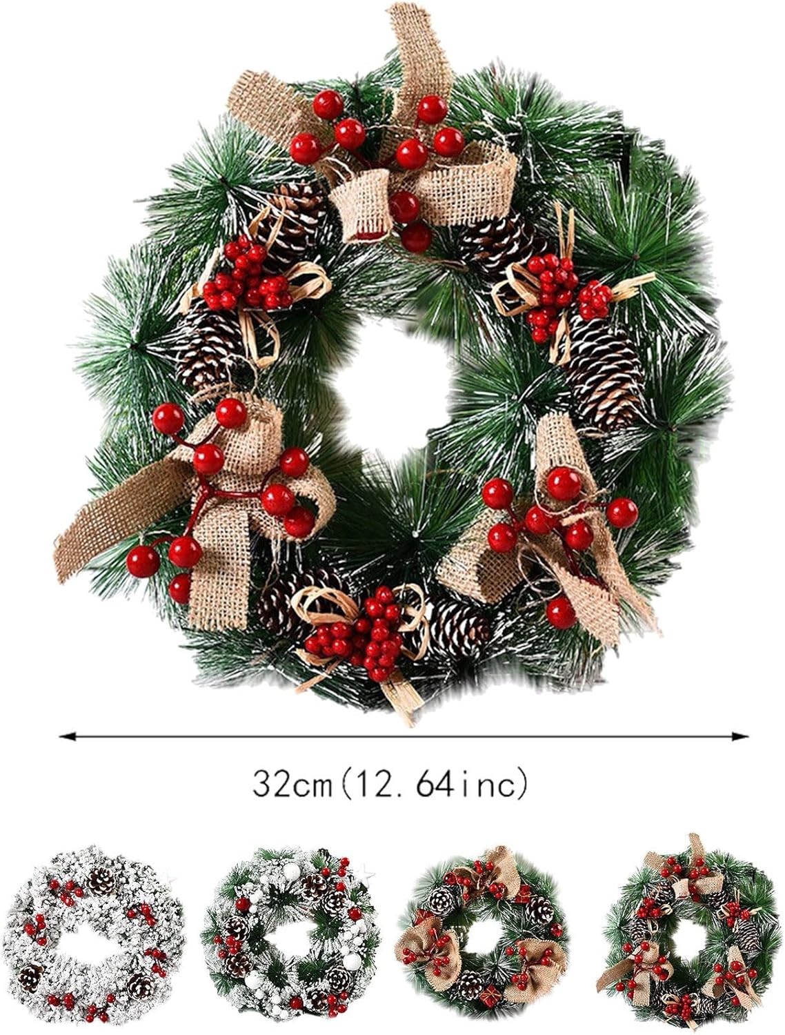 16" Christmas Wreaths for Front Door with Artificial Red Berries Bow Pine Cones