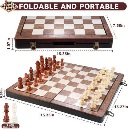 Portable 2 in 1 Magnetic 15 Inches Folding Wooden Chess and Checkers Set