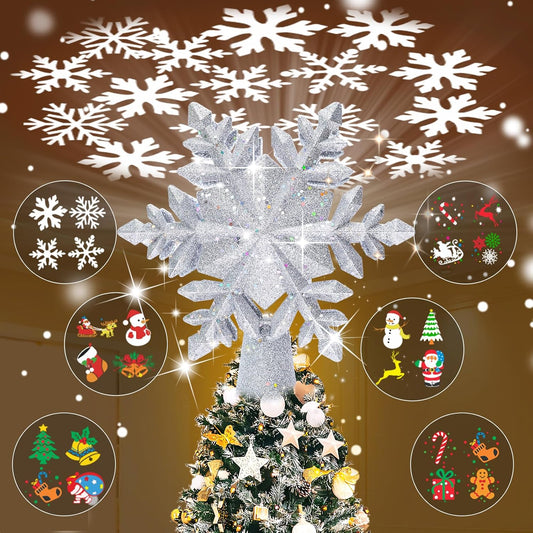 Christmas Snowflake Tree Topper with Built-in LED Rotating Lights