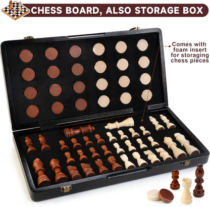 Portable 2 in 1 Magnetic 15 Inches Folding Wooden Chess and Checkers Set