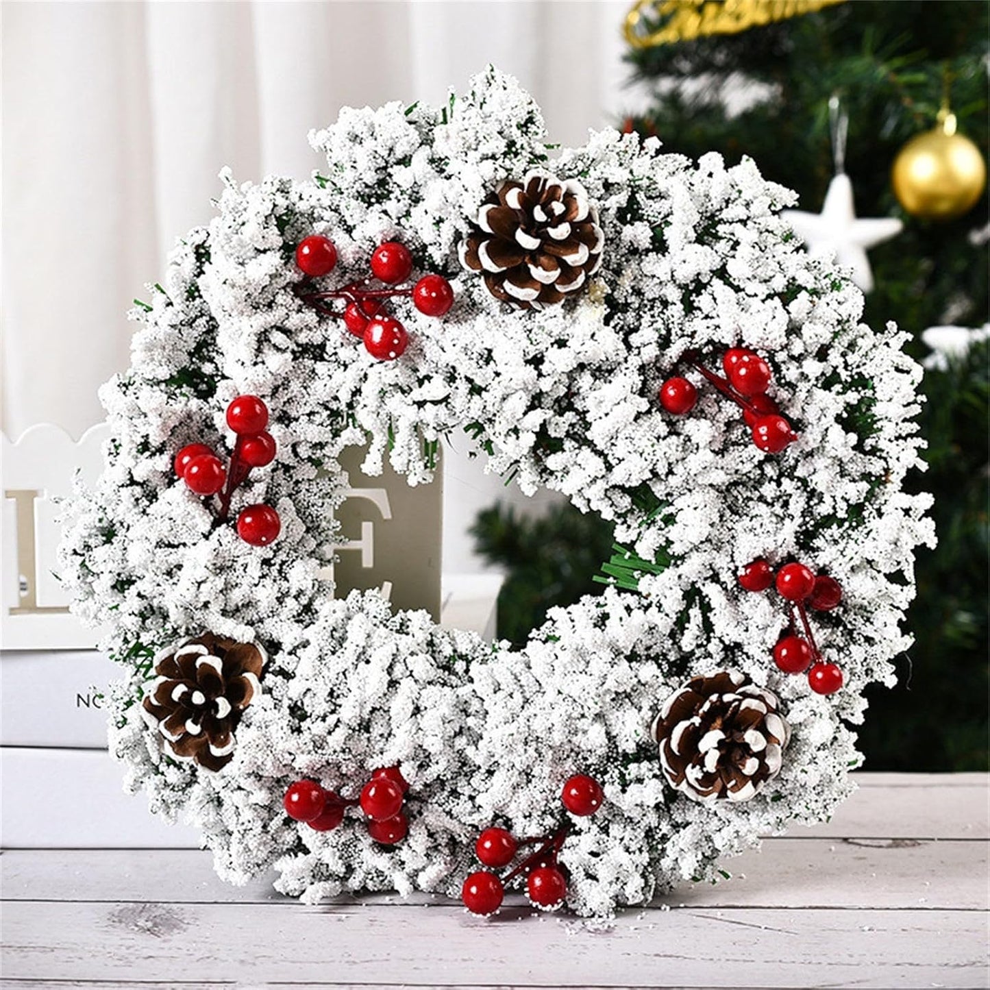 16" Christmas Wreaths for Front Door with Artificial Red Berries Bow Pine Cones