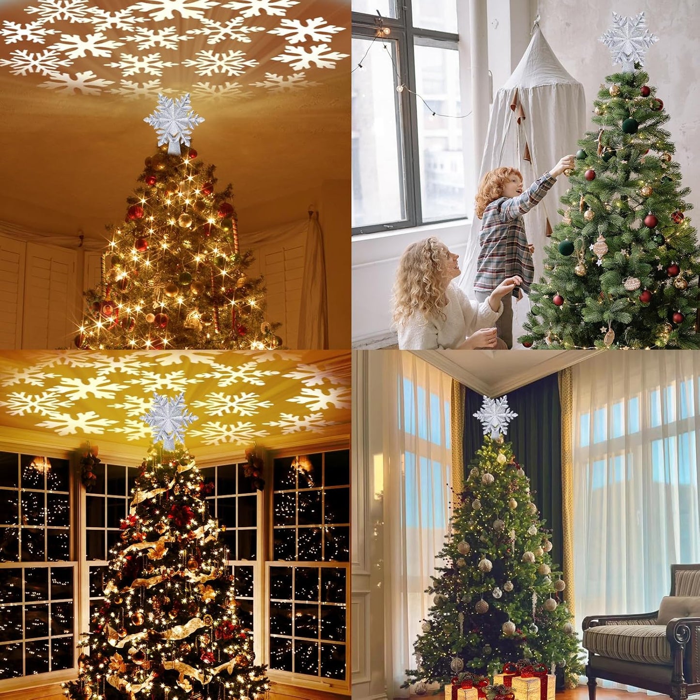 Christmas Snowflake Tree Topper with Built-in LED Rotating Lights