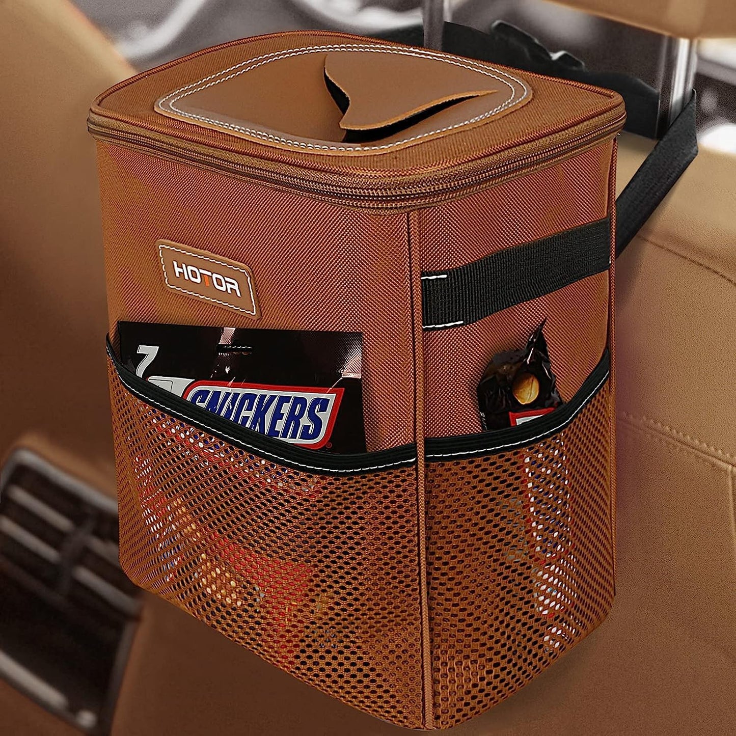 100% Leak-Proof Organizer Car Trash Can with Lid and Storage Pockets