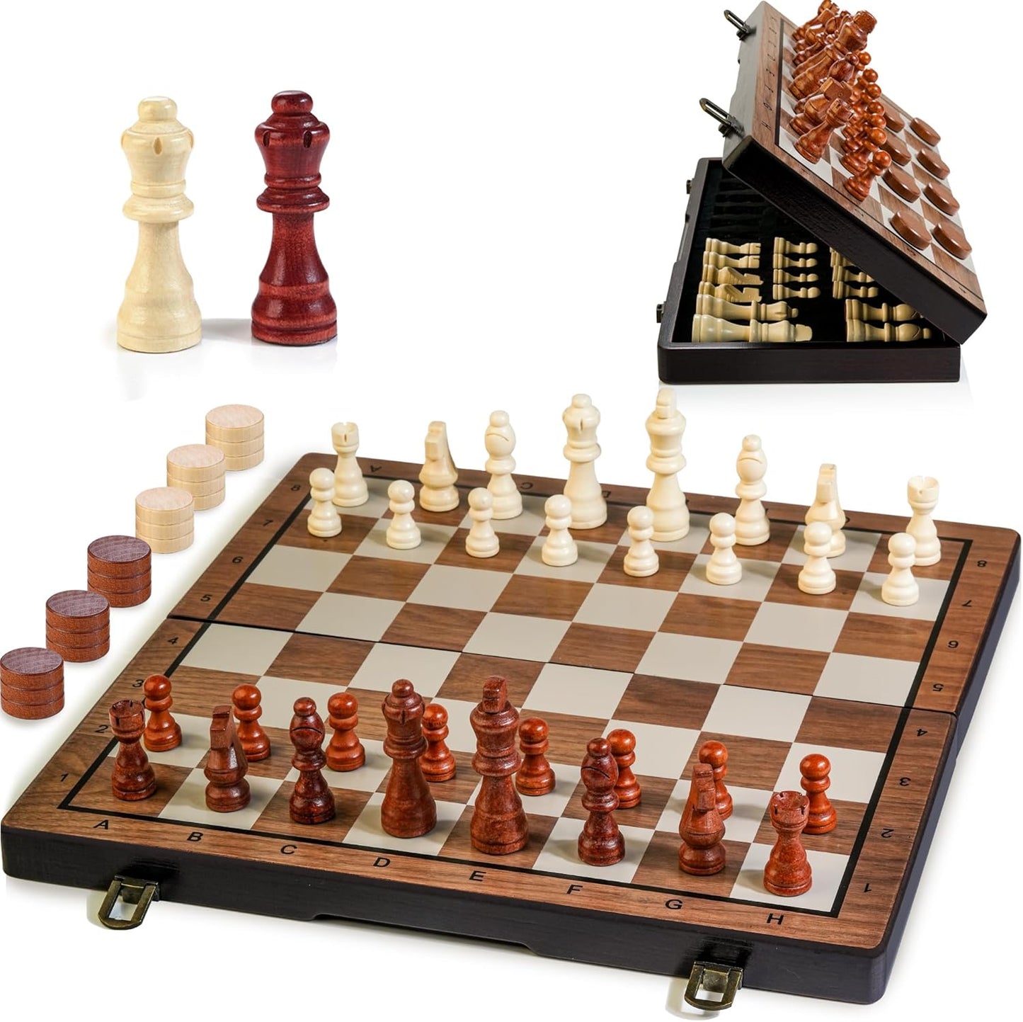 Portable 2 in 1 Magnetic 15 Inches Folding Wooden Chess and Checkers Set