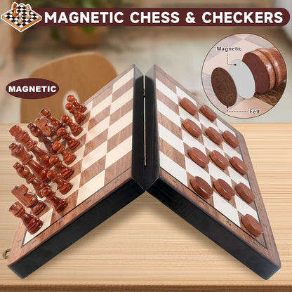 Portable 2 in 1 Magnetic 15 Inches Folding Wooden Chess and Checkers Set