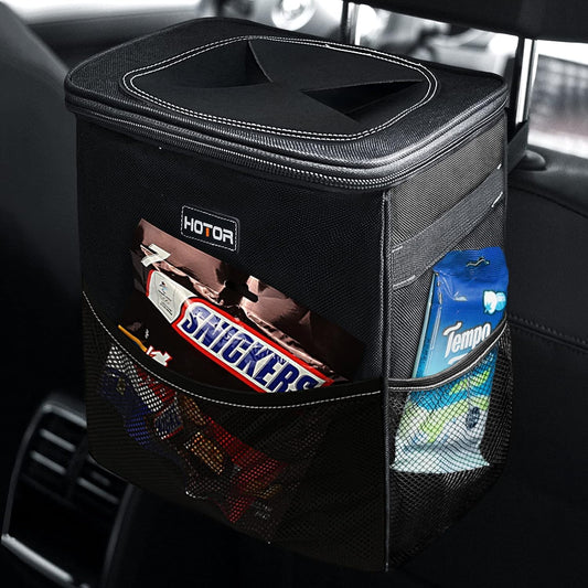 100% Leak-Proof Organizer Car Trash Can with Lid and Storage Pockets