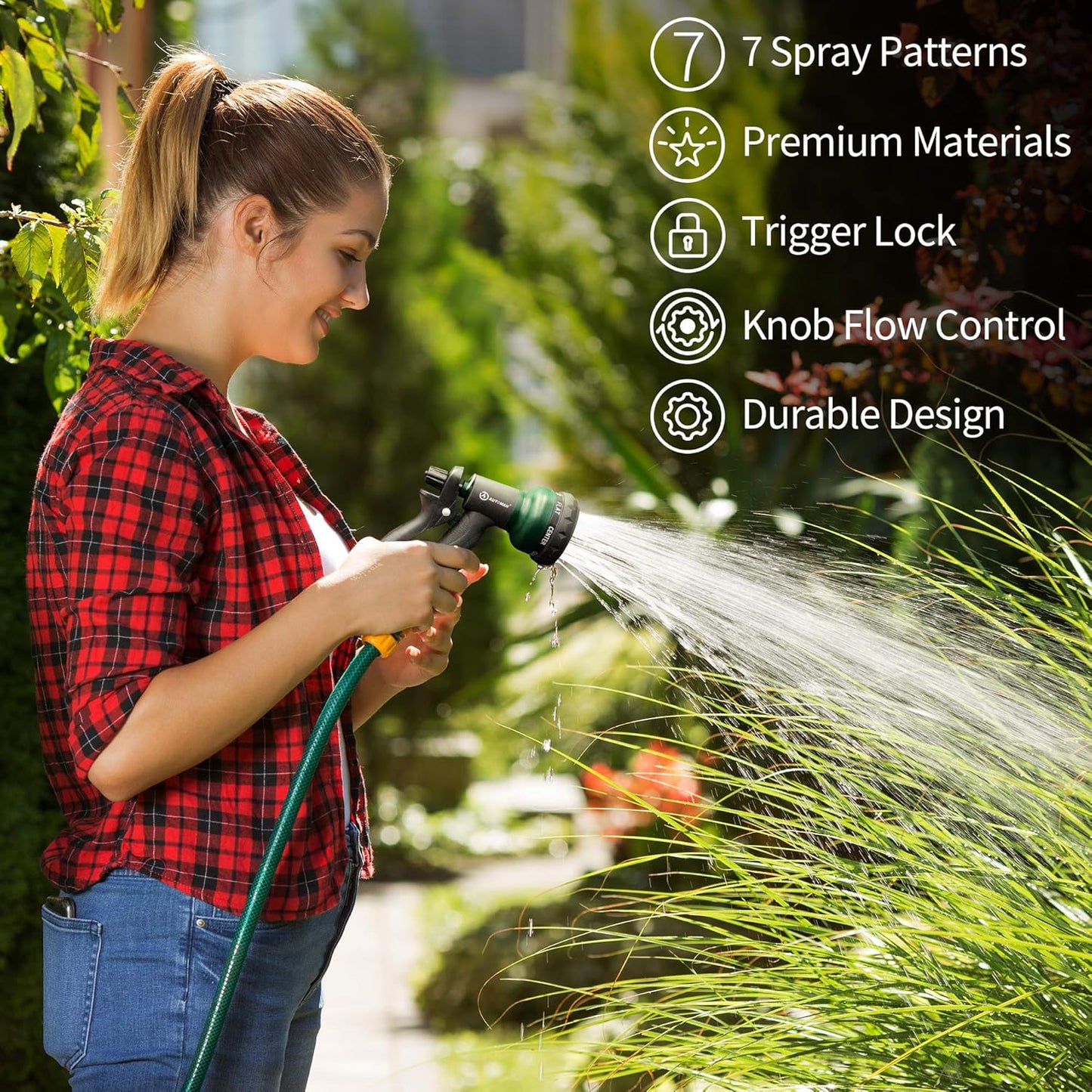 Water Spray Nozzle with Heavy Duty 7 Adjustable Watering Patterns