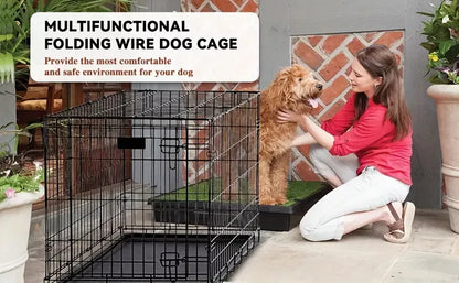 Dog Crate Kennel Folding Metal Pet Cage 2 Door With Tray Pan Black