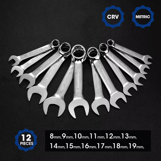 12-piece Stubby Small Combination Wrenches Set with Premium Storage Case, Metric 8-19mm, Cr-V Steel