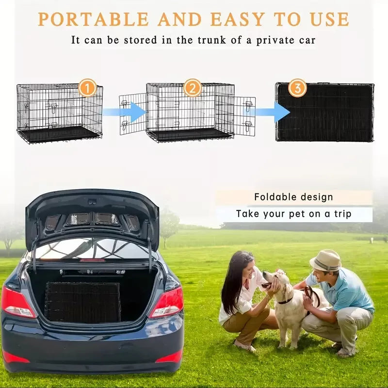 Dog Crate Kennel Folding Metal Pet Cage 2 Door With Tray Pan Black