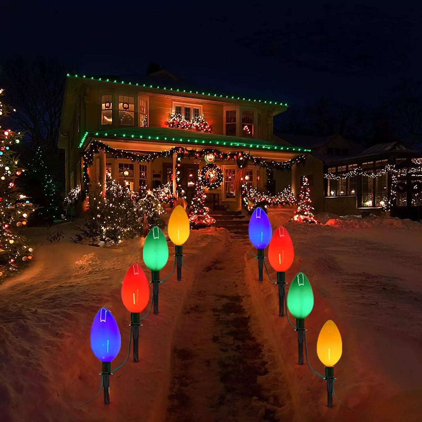 LED Christmas Pathway Marker Light Outdoor with 4 LED Multicolor Lights and 4 Stakes