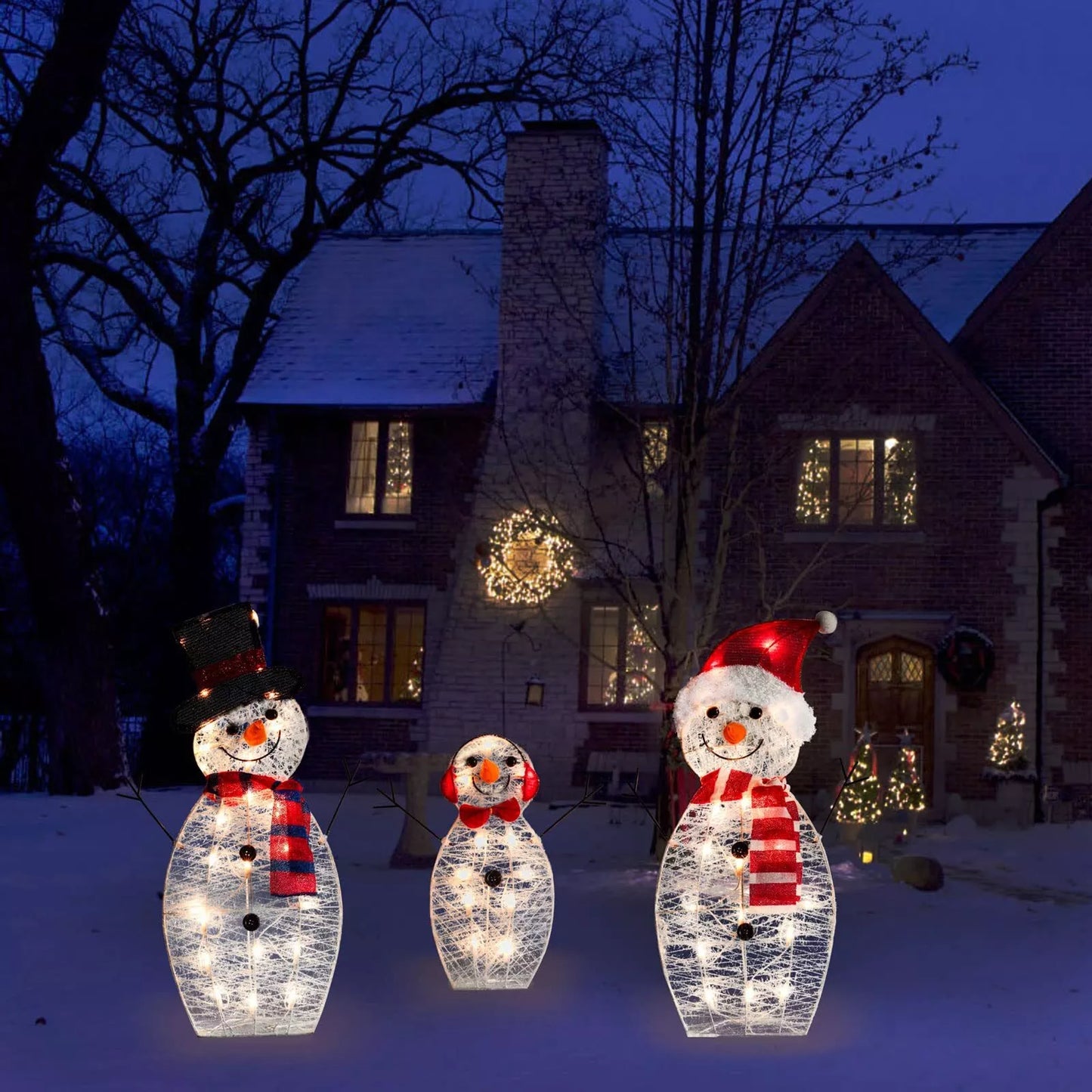 Outdoor Snowman Christmas Decorations 31 inch Pre-Lit 60 Lights Set of 3