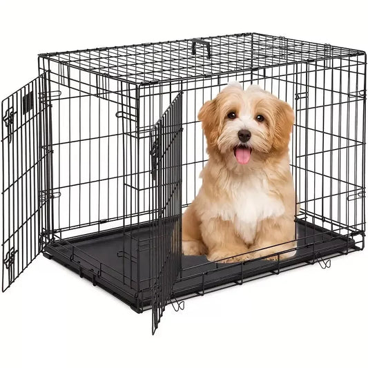 Dog Crate Kennel Folding Metal Pet Cage 2 Door With Tray Pan Black