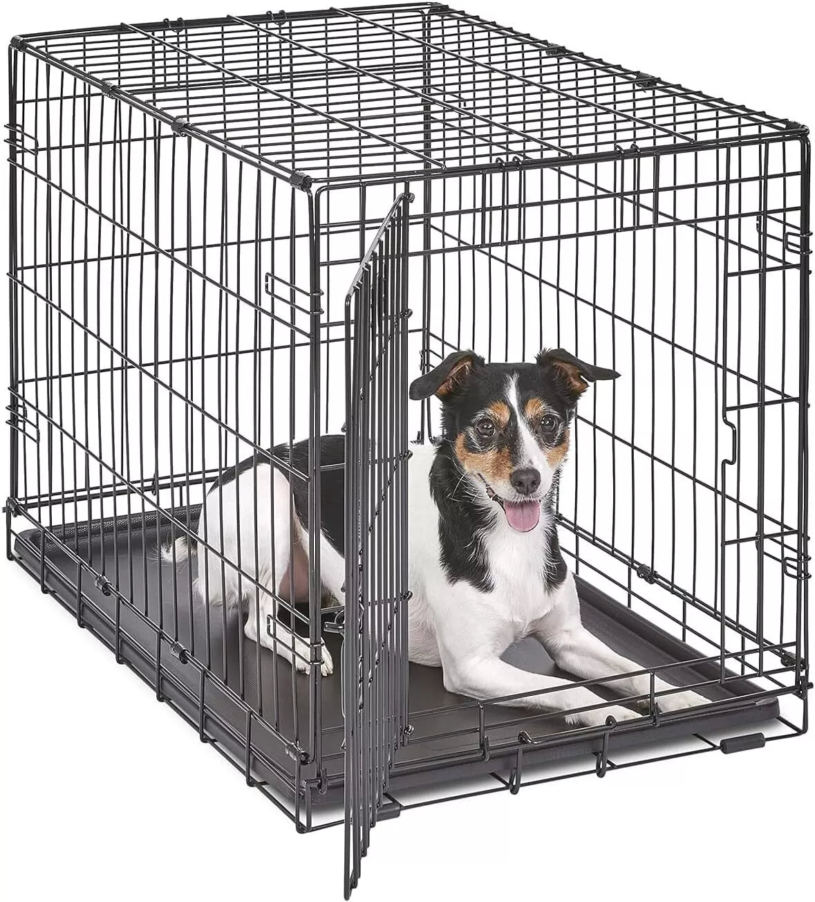 Dog Crate Kennel Folding Metal Pet Cage 2 Door With Tray Pan Black