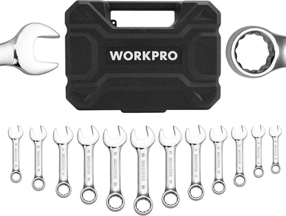 12-piece Stubby Small Combination Wrenches Set with Premium Storage Case, Metric 8-19mm, Cr-V Steel