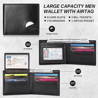 Men Wallet Compatible with Airtag Genuine Leather Bifold Wallet