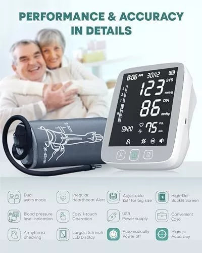 Automatic Blood Pressure Machine Upper Arm Monitor - Adjustable Digital BP Cuff Kit and LED Backlit Display