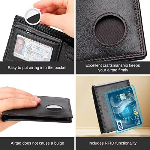 Men Wallet Compatible with Airtag Genuine Leather Bifold Wallet